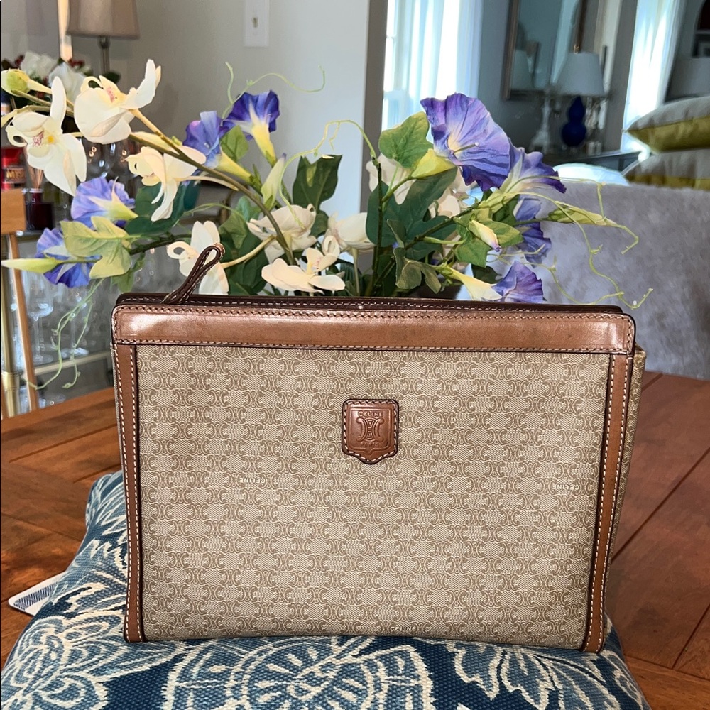 Celine Brown and Tan Logo Clutch